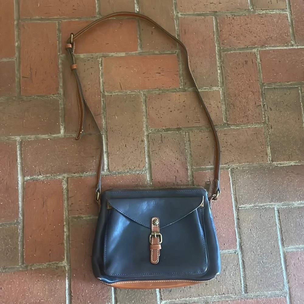 Patricia Nash Navy Blue Tan Leather Crossbody Bag Buckle Flap Small Handbag
